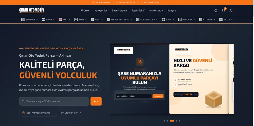 Çınar Otomotiv e-ticaret sitesinin ana sayfası: şase numarasıyla parça arama ve kategori menüsü