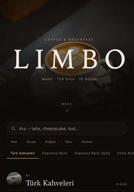 Limbo Coffee QR menüsünün telefon görünümü: kategori sekmeleri ve ürün arama