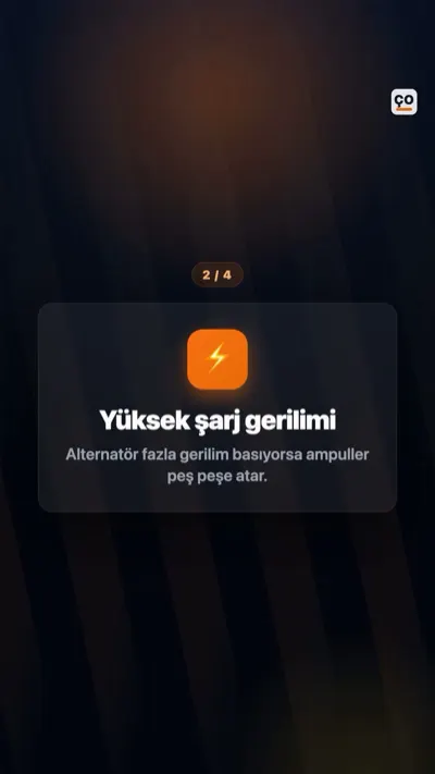 Çınar Otomotiv bilgi kartı: 'Yüksek şarj gerilimi' — alternatör fazla gerilim basarsa ampuller peş peşe atar