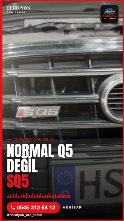 Derdiyok Oto Tamir reel karesi: 'Normal Q5 değil SQ5' başlıklı Audi SQ5 ön panjur detayı