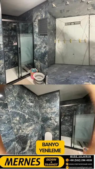 Mernes reel karesi: banyo yenileme öncesi-sonrası kolaj, mermer duşakabin